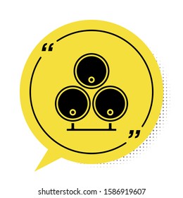 Black Wooden barrels icon isolated on white background. Alcohol barrel, drink container, wooden keg for beer, whiskey, wine. Yellow speech bubble symbol. Vector Illustration