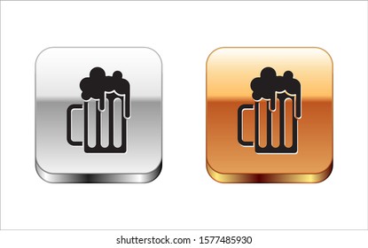Black Wooden beer mug icon isolated on white background. Silver-gold square button. Vector Illustration