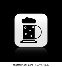 Black Wooden beer mug icon isolated on black background. Silver square button. Vector Illustration