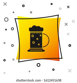 Black Wooden beer mug icon isolated on white background. Yellow square button. Vector Illustration