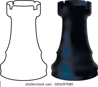Black wooden chess figure rook isolated on white background. Chess piece Rook. Realistic vector illustration 3d and line