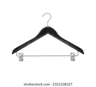Black wooden clothes hangers isolated on white background. Wooden hanger Realistic vector clothes hanger wooden hanger closeup isolated on background. Vector