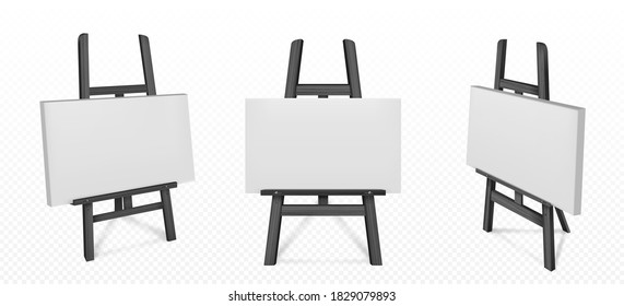 Black wooden easel with white canvas in front and angle view. Vector realistic mockup of wood stand with blank board for paintings, tripod for drawing art isolated on transparent background