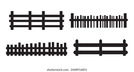 Silueta de valla de madera negra aislada sobre fondo blanco. Diseño de sección de valla de piquete de madera decorativa. Diseño de valla de piquete de Vector negro plano. Borde sin soldadura