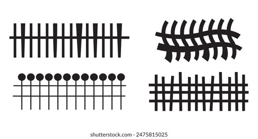 Black wooden fence silhouette isolated on white background. Decorative wood picket fence section design. Vector flat black garden picket fence design.