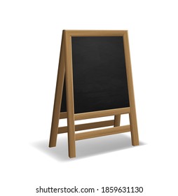 Black wooden food menu board. Realistic restaurant or cafe announcement blackboard, empty outdoor promotion banner for chalk drawing, blank singboard information poster vector 3d isolated illustration
