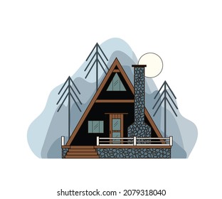 Black wooden house with stone foundations. A tiny house in the forest on an abstract gray background