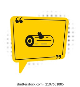 Black Wooden logs icon isolated on white background. Stack of firewood. Yellow speech bubble symbol. Vector