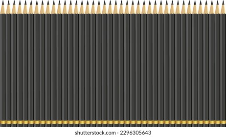 black wooden pencils arranged in bulk on a white isolated background