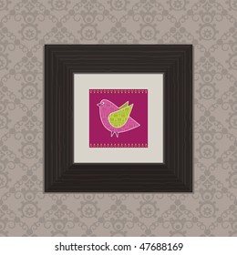black wooden picture frame with pink bird print