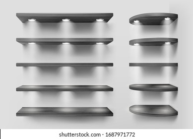 Black wooden shelves with backlight, front and corner racks on white wall background. Empty clear illuminated ledges or bookshelves. Design element for room decoration, Realistic 3d vector mockup