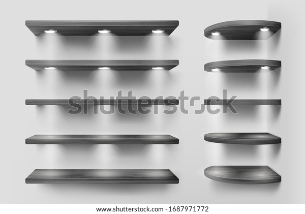 Black wooden shelves with backlight, front and\
corner racks on white wall background. Empty clear illuminated\
ledges or bookshelves. Design element for room decoration,\
Realistic 3d vector\
mockup