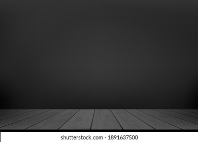 Black wooden table or floor against a dark wall background. Empty studio for advertising. Vector illustration.