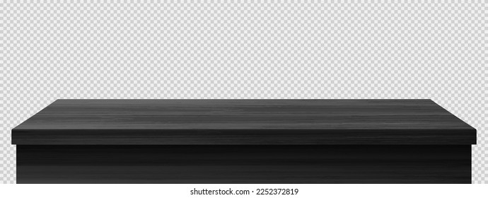 Black wooden table foreground, tabletop front view, brown rustic countertop of wood surface. Retro dining desk or plank texture isolated on transparent background, realistic 3d vector mock up