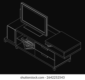 Black wooden TV stand with a sleek, modern design, featuring a flat-screen TV on top. The rectangular stand has four legs and a flat surface, with black drawers underneath for storage.