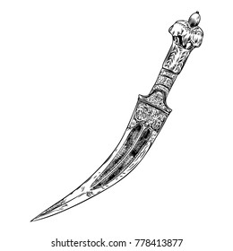 Black work tattoo art hand drawn engraving style medieval knife, dagger for flesh body art. Vintage sketch edged antique weapon. Vector.