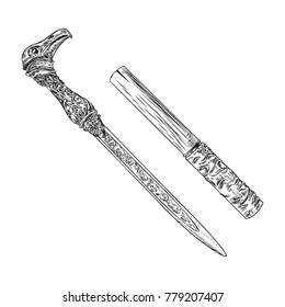 Black work tattoo art hand drawn engraving style medieval knife, dagger for flesh body art. Vintage sketch edged antique weapon. Vector.