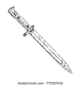 Black work tattoo art hand drawn engraving style medieval knife, dagger for flesh body art. Vintage sketch edged antique weapon. Vector.
