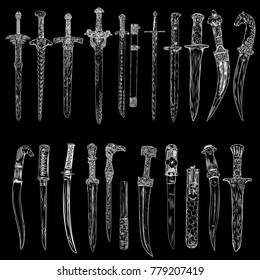 Black work tattoo art hand drawn engraving style medieval knife, dagger, sword for flesh body art. Vintage sketch edged antique weapons. Vector.