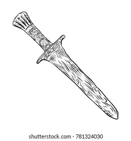 Black work tattoo art hand drawn engraving style medieval knife, dagger for flesh body art. Vintage sketch edged antique weapon. Vector.