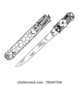 Black work tattoo art hand drawn engraving style medieval knife, dagger for flesh body art. Vintage sketch edged antique weapon. Vector.