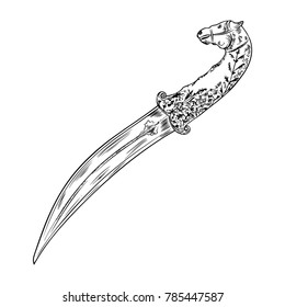 Black work tattoo art hand drawn engraving style medieval knife, dagger for flesh body art. Vintage sketch edged antique weapon. Vector.