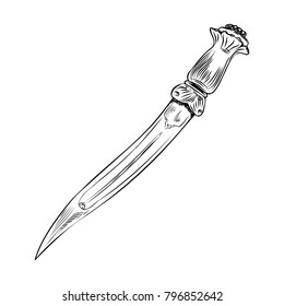 Black work tattoo art hand drawn engraving style medieval knife, dagger for flesh body art. Vintage sketch edged antique weapon. Vector.