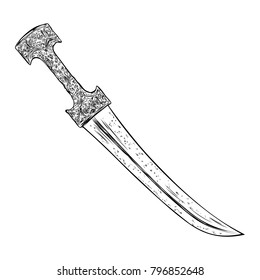 Black work tattoo art hand drawn engraving style medieval knife, dagger for flesh body art. Vintage sketch edged antique weapon. Vector.