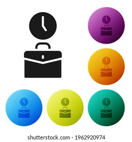 Black Work time icon isolated on white background. Office worker. Working hours. Business briefcase. Set icons in color circle buttons. Vector