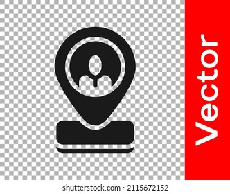 Icono de ubicación del trabajador negro aislado en fondo transparente.  Vector
