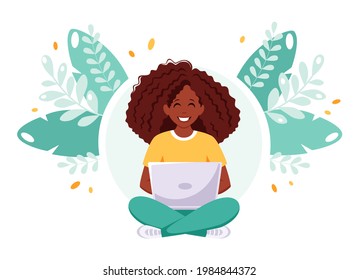 Black working on laptop. Freelance, online studying, remote work. Vector illustration