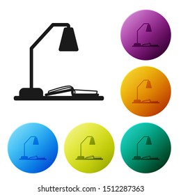 Black Workplace with table lamp and open book icon isolated on white background. Table office lamp. Set icons colorful circle buttons. Vector Illustration