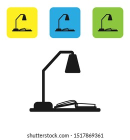 Black Workplace with table lamp and open book icon isolated on white background. Table office lamp. Set icons colorful square buttons. Vector Illustration Black Workplace with table lamp and open book icon isolated on white background. Table office lamp. Set icons colorful square buttons. Vector Illustration