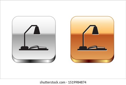 Black Workplace with table lamp and open book icon isolated on white background. Table office lamp. Silver-gold square button. Vector Illustration