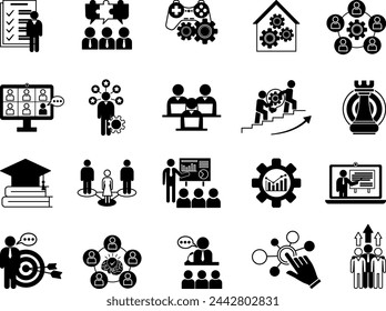 Schwarze Workshop-Symbole gesetzt. Vector Icons Teambuilding, Zusammenarbeit, Training, Tests, Ziele, Kompetenzentwicklung, Produktivität, Brainstorming und andere