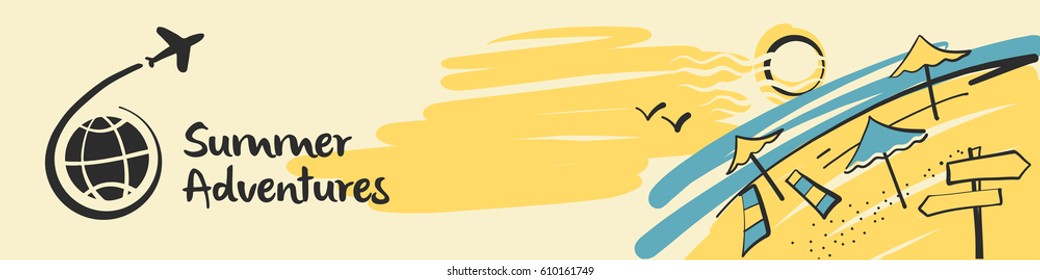 Black world and airplane logo with text summer adventure. Vector horizontal banner for advertising tourism agency. Concept image for holiday and journey tour. 