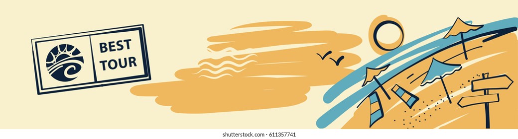 Black world and airplane logo with text best tour. Vector horizontal banner for advertising tourism agency. Concept image for holiday and journey. 