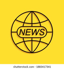 Black World and global news concept icon isolated on yellow background. World globe symbol. News sign icon. Journalism theme, live news. Long shadow style. Vector.