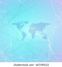 Black world map with chemistry pattern, connecting lines and dots. Molecule structure on white. Scientific medical DNA research. Science or technology concept. Geometric design abstract background