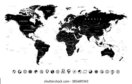 Black World Map and Globe Icons - illustration

Image contains next layers:
- land contours
- country and land names
- city names
- water object names 