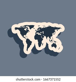 Black World map icon isolated on grey background. Long shadow style. Vector Illustration