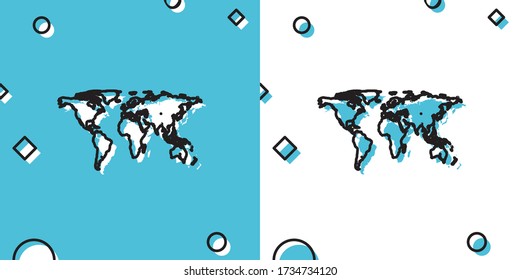 Black World map icon isolated on blue and white background. Random dynamic shapes. Vector Illustration