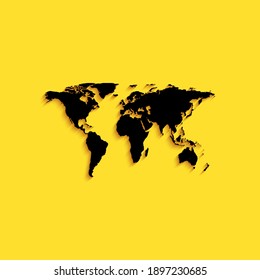 Black World map icon isolated on yellow background. Long shadow style. Vector.