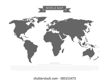 Black world map isolated on white background, flat style