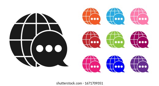 Mapa del Mundo Negro hecho de un icono de burbuja de habla aislado en fondo blanco. Plan de comunicación mundial sobre la Tierra. Establecer iconos coloridos.  Ilustración vectorial
