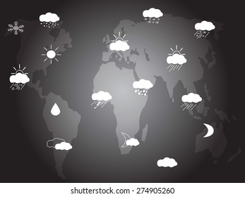 Black world map with many weather icons