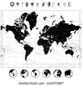 Black World Map and navigation icons isolated on white. Highly detailed map illustration with countries, cities and navigation symbols.