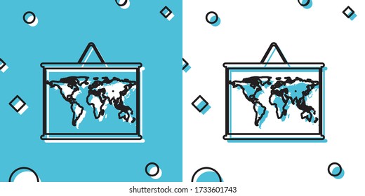 Black World map on a school blackboard icon isolated on blue and white background. Drawing of map on chalkboard. Random dynamic shapes. Vector Illustration