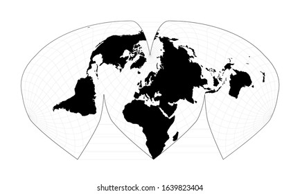 Black world map on white background. Alan K. Philbrick's interrupted sinu-Mollweide projection. Plan world geographical map with graticule lines. Vector illustration.