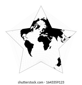 Mapa del mundo negro sobre fondo blanco. Proyección estelar de Berghaus. Planear mapa geográfico mundial con líneas gratificantes. Ilustración vectorial.